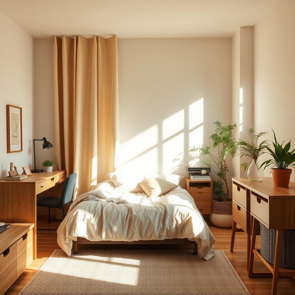 Habitación individual con luz natural de la mañana entrando por la ventana
