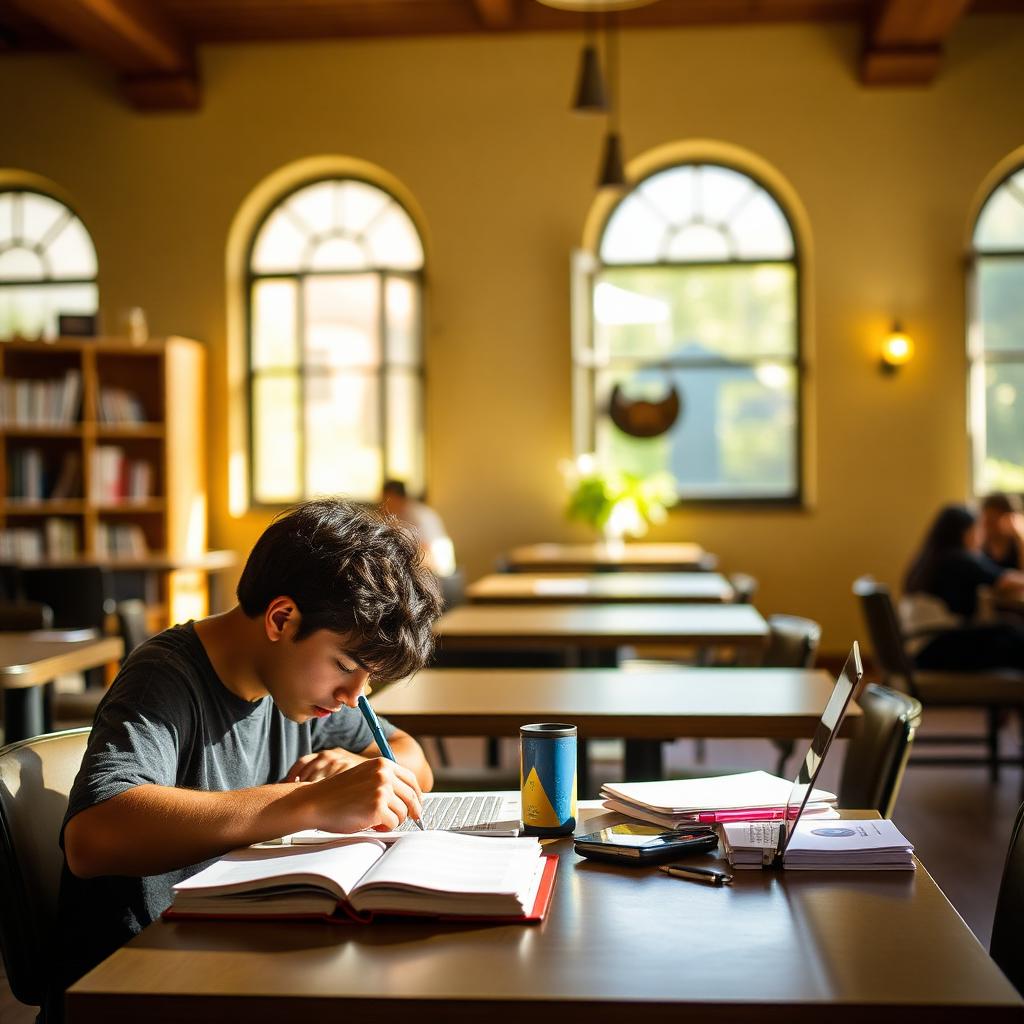 Estudiante concentrado escribiendo en una sala de estudio con ventanales en arco
