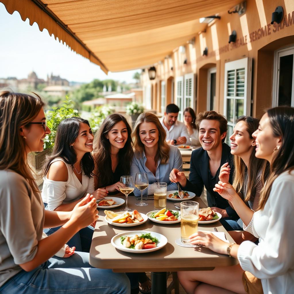 Grupo de estudiantes comiendo en una terraza soleada de Valladolid
