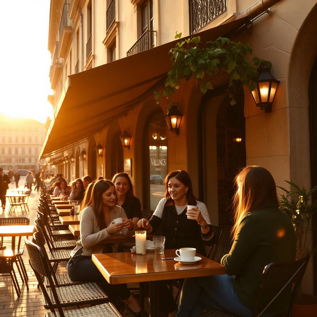 Estudiantes tomando café en la terraza de una cafetería del centro al atardecer