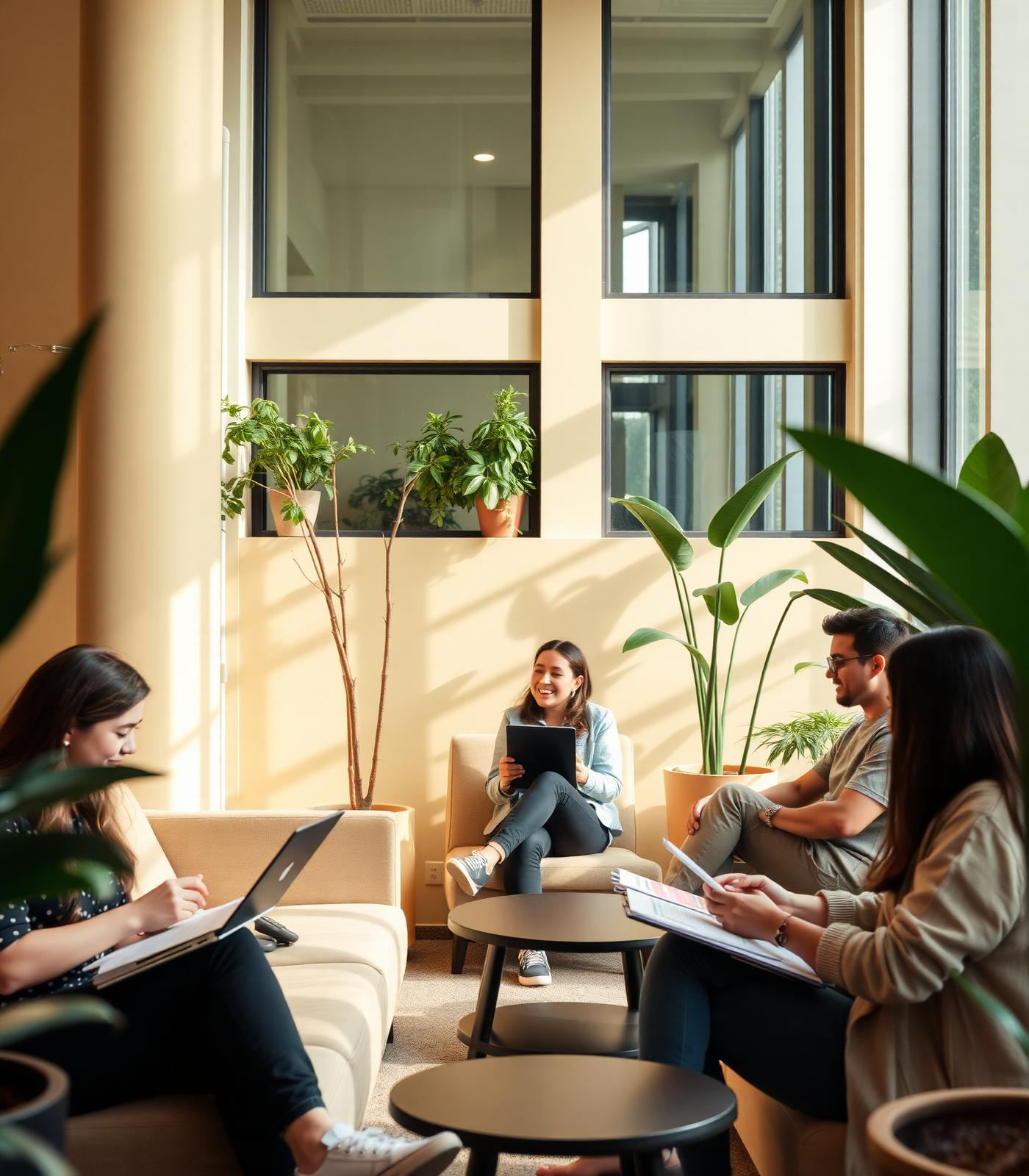 Estudiantes leyendo y trabajando en la sala común luminosa de la residencia
