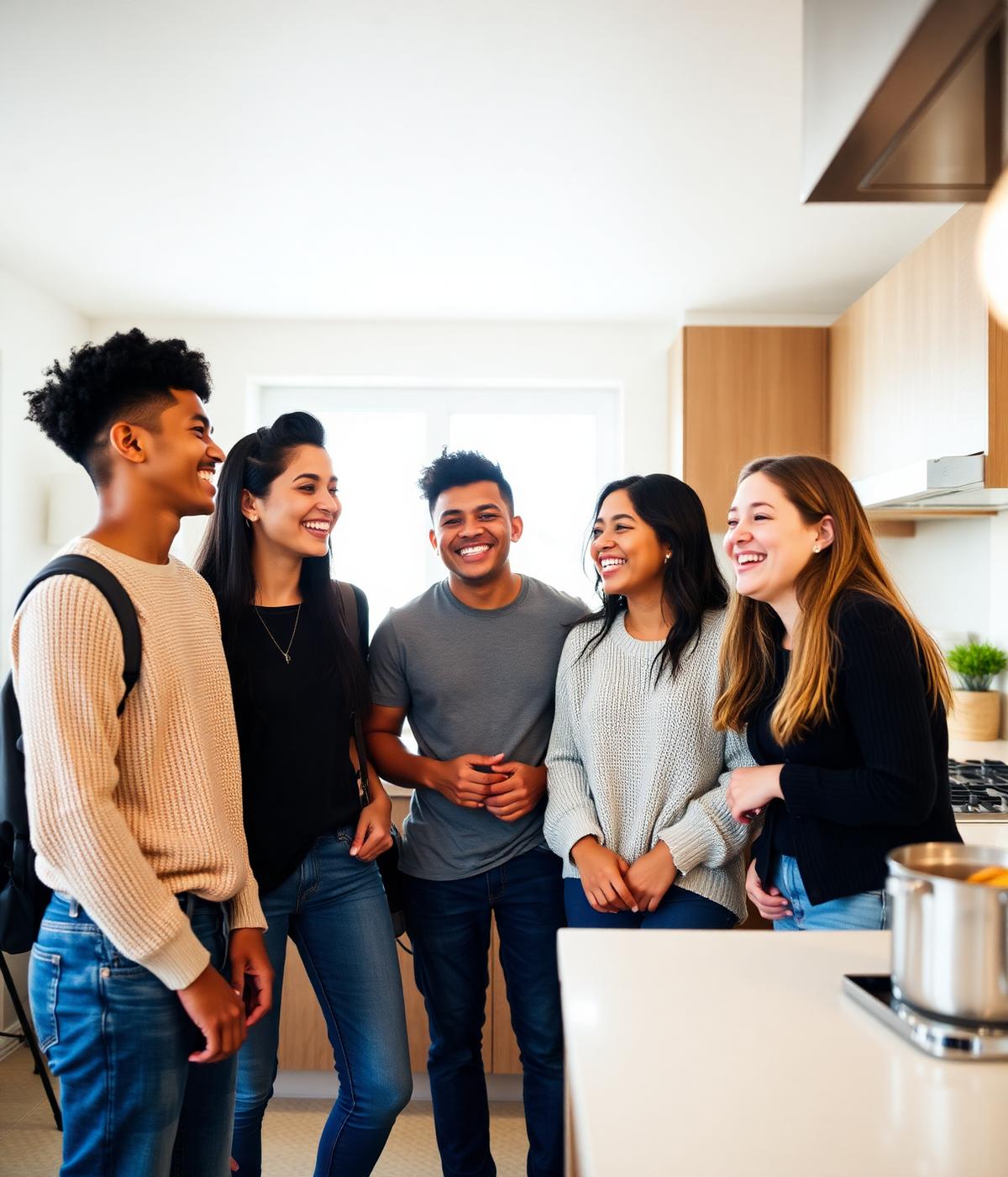Grupo de estudiantes charlando y riendo en la cocina compartida de la residencia