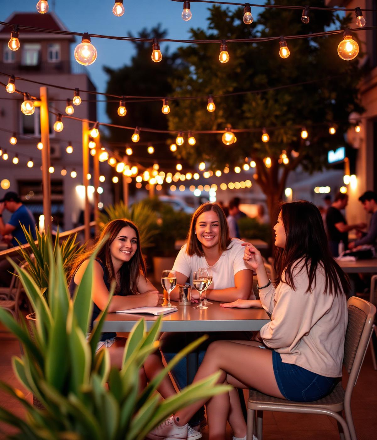 Estudiantes charlando en una terraza iluminada con guirnaldas de luces por la noche