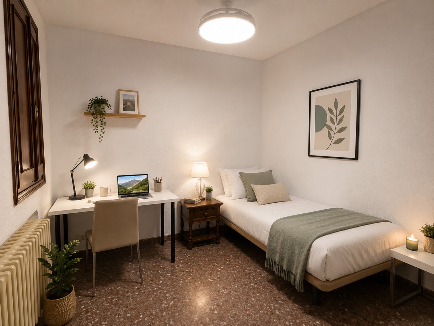 Habitación individual con escritorio, portátil y lámpara junto a la ventana